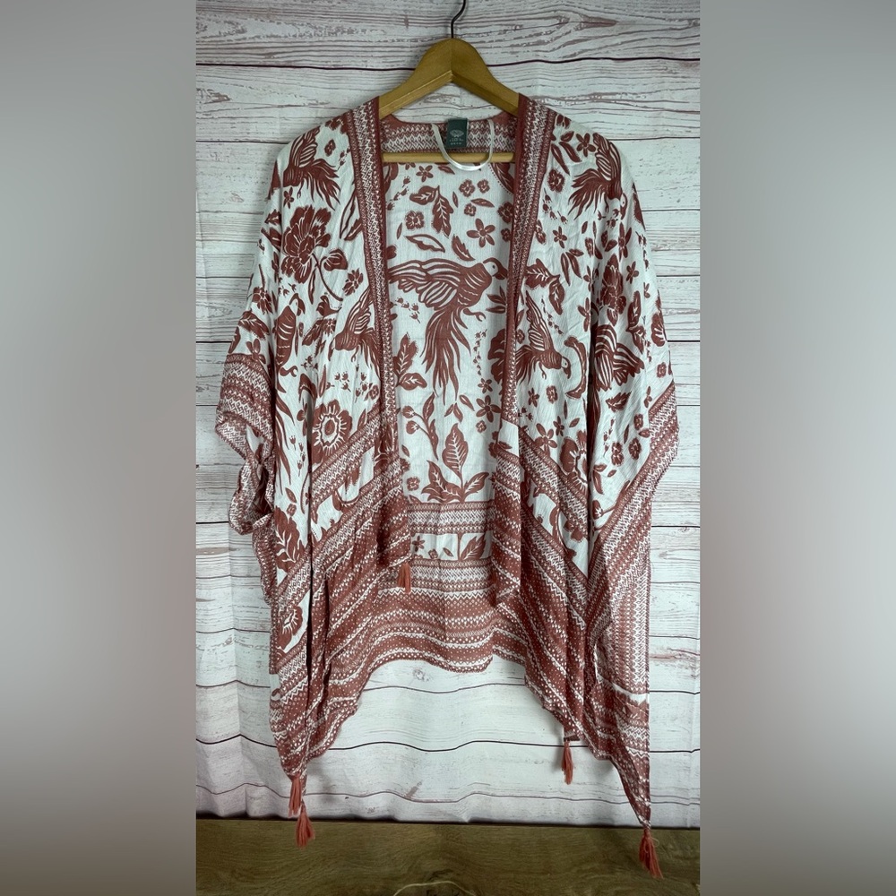 Vince Camuto phoenix floral print kimono top Boho Birds Artsy Beachy Tassels OS